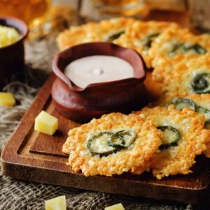 Jalapeno Cheese Crisps with Greek Yogurt Pepper Sauce